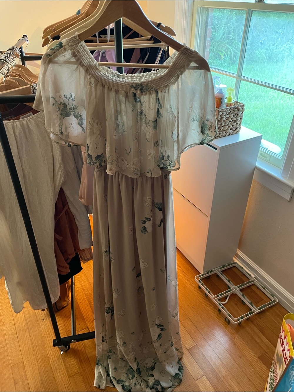 Show Me Your MuMu Cream Floral Off-Shoulder Maxi Dress with Green Accents